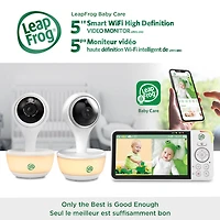 LeapFrog LF815-2HD Moniteur de bébé Wi-Fi 1080p à 2 caméras avec accès à distance, affichage 720p haute définition de 5 po, veilleuse, vision nocturne couleur (Blanc)