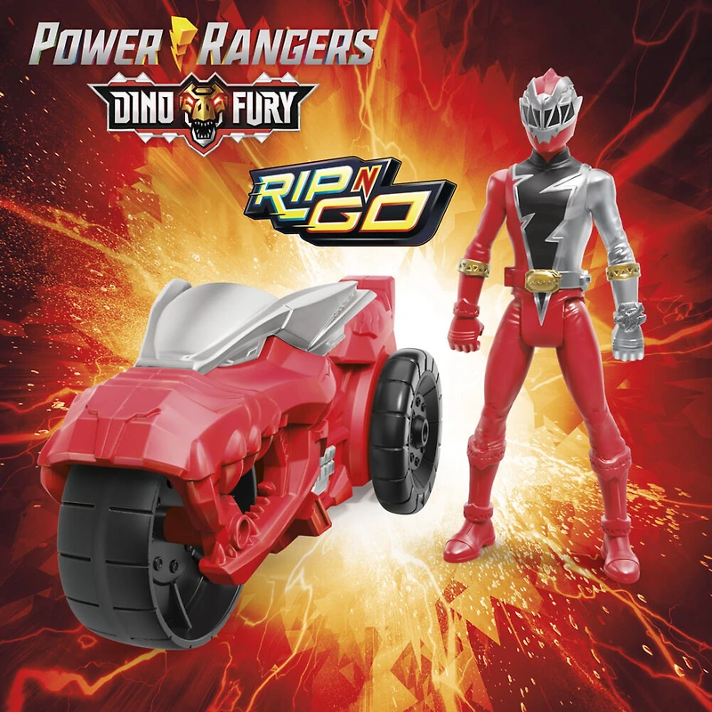 Power Ranger Dino Fury Rip N Go, Moto de combat T-Rex et Ranger rouge Dino Fury