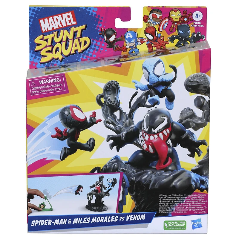 Marvel Stunt Squad Villain Knockdown, Spider-Man et Miles Morales contre Venom, jeu avec figurines de 3,5 cm