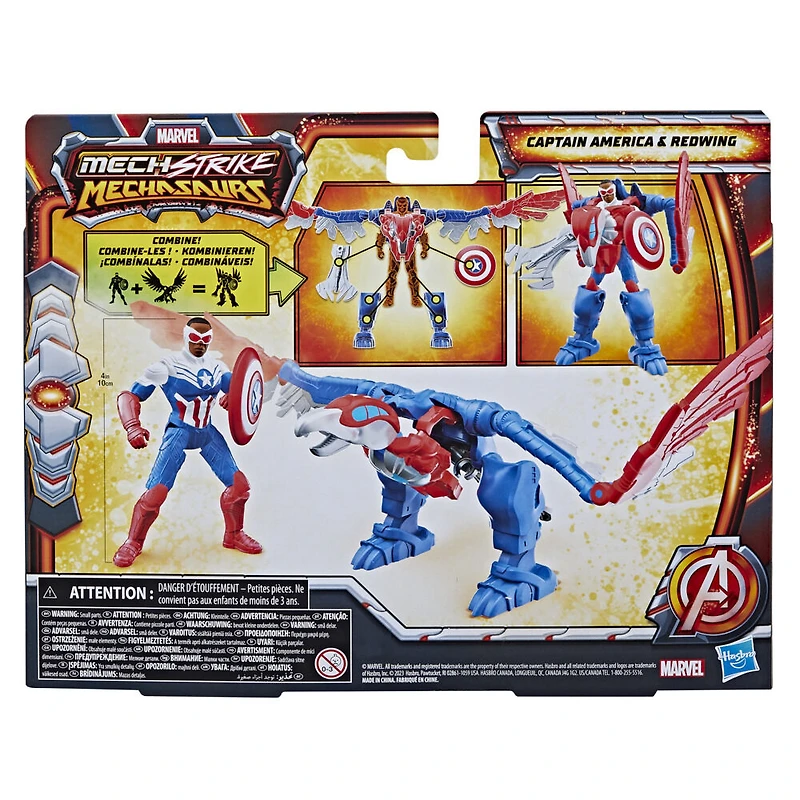 Marvel Mech Strike Mechasaurs, figurine Captain America (10 cm) avec Redwing Mechasaur