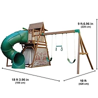 KidKraft Ensemble de balançoires/Module de jeu en bois Retraite forestière comprenant une tente, une glissoire tubulaire et trois balançoires