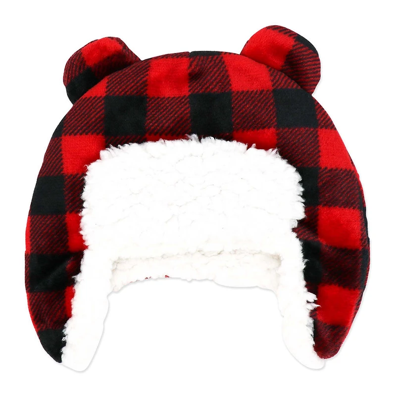 Baby Mode Signature Sherpa Hunters Cap with Matching Bootie Set: Red Buffalo Plaid