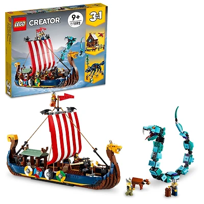 LEGO Creator 3-en-1 Le bateau viking et le serpent de Midgard 31132 Ensemble de construction (1 192 pièces)