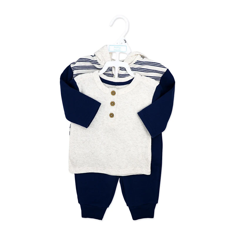 Baby Mode 3 Piece French Terry Jogger Set: Navy Stripe
