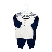 Baby Mode 3 Piece French Terry Jogger Set: Navy Stripe