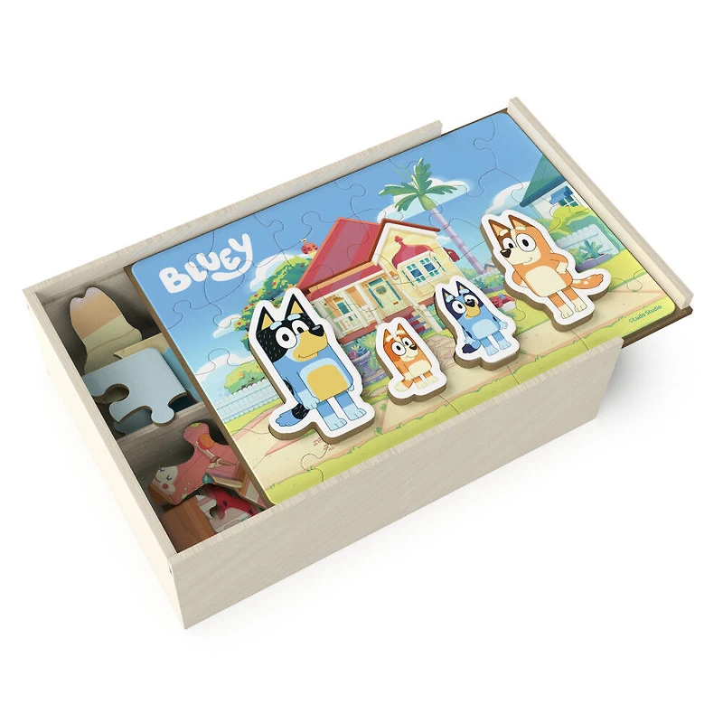 Bluey, Coffret de 4 puzzles en bois avec personnages Bingo, Maman et Papa, Coffret cadeau puzzles de 24 pièces