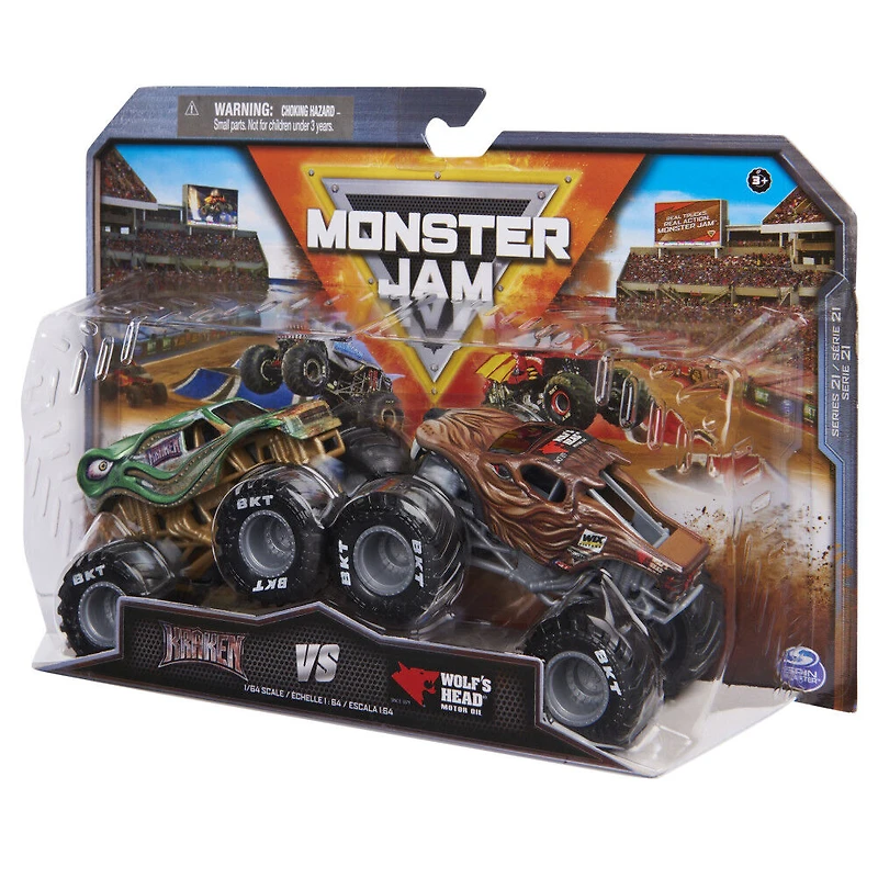 Monster Jam, Monster trucks officiels en métal moulé Kraken Vs. Wolf's Head Die-Cast, échelle 1:64