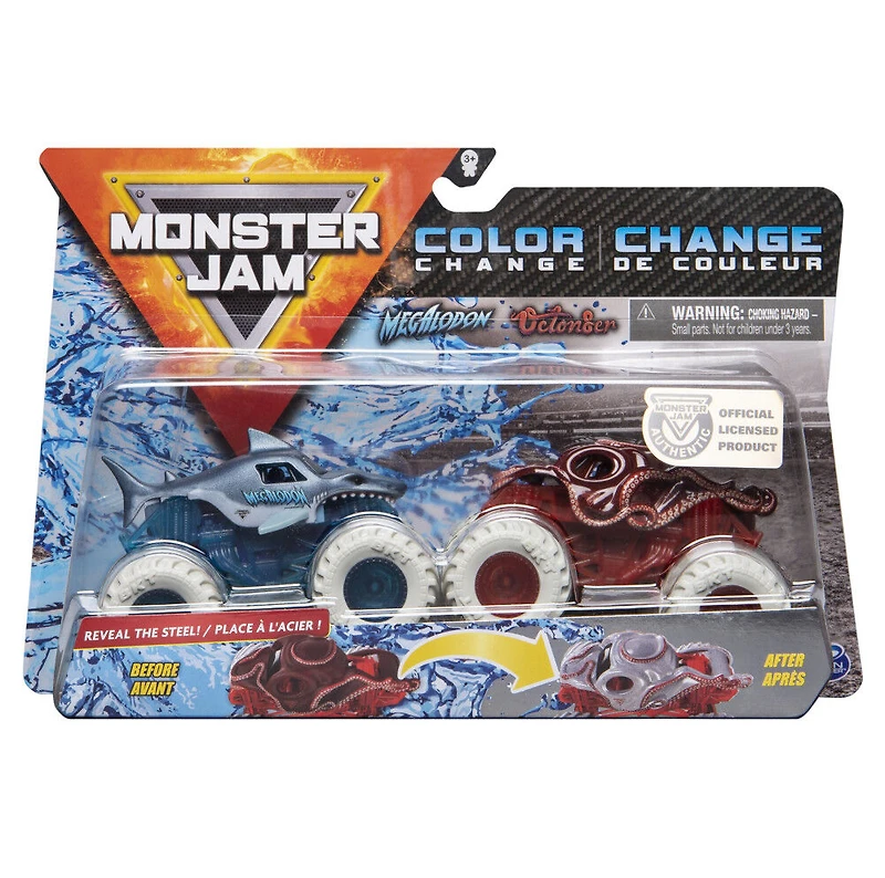 Monster Jam, Monster trucks Megalodon vs Octon8er officiels qui changent de couleur en métal moulé, échelle 1:64
