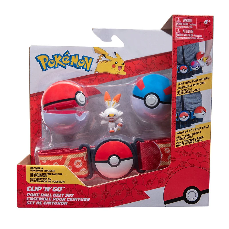 Pokémon - Ensemble de ceinture Clip 'N Go - Flambino (Scorbunny) + Poké Ball et Super Ball (Great Ball)