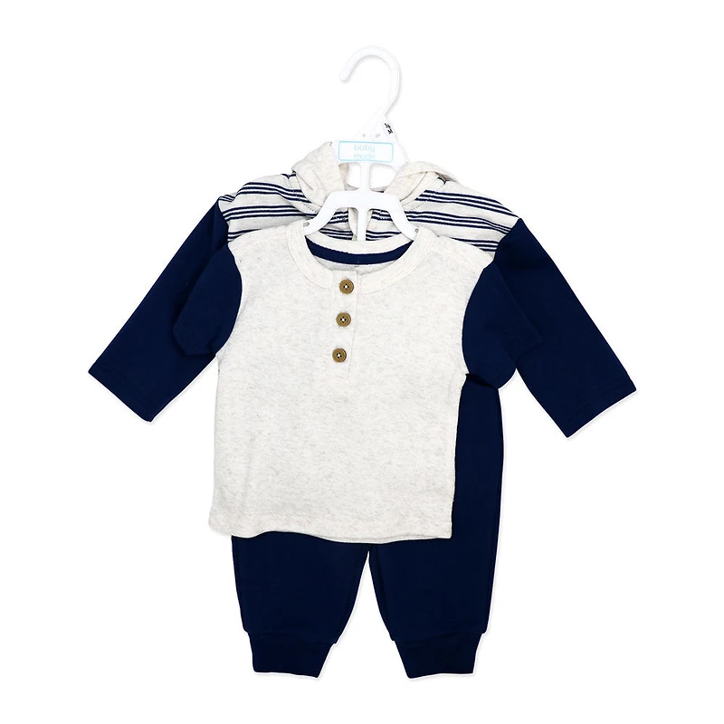 Baby Mode 3 Piece French Terry Jogger Set: Navy Stripe