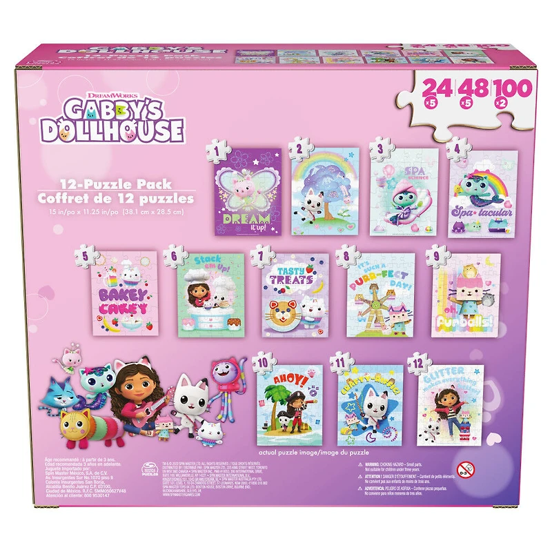 Gabby's Dollhouse, Coffret de 12 puzzles de 24 pièces, 48 pièces et 100 pièces
