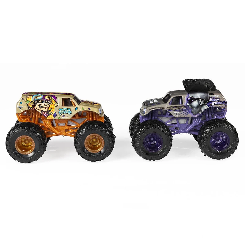 Monster Jam, Monster trucks Mohawk Warrior vs Jester officiels qui changent de couleur en métal moulé, échelle 1:64
