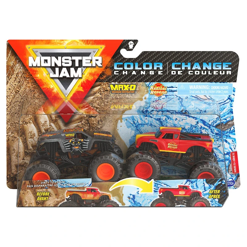 Monster Jam, Coffret de 2 monster trucks officiels en métal moulé Max-D vs Radical Rescue qui changent de couleur, échelle 1:64