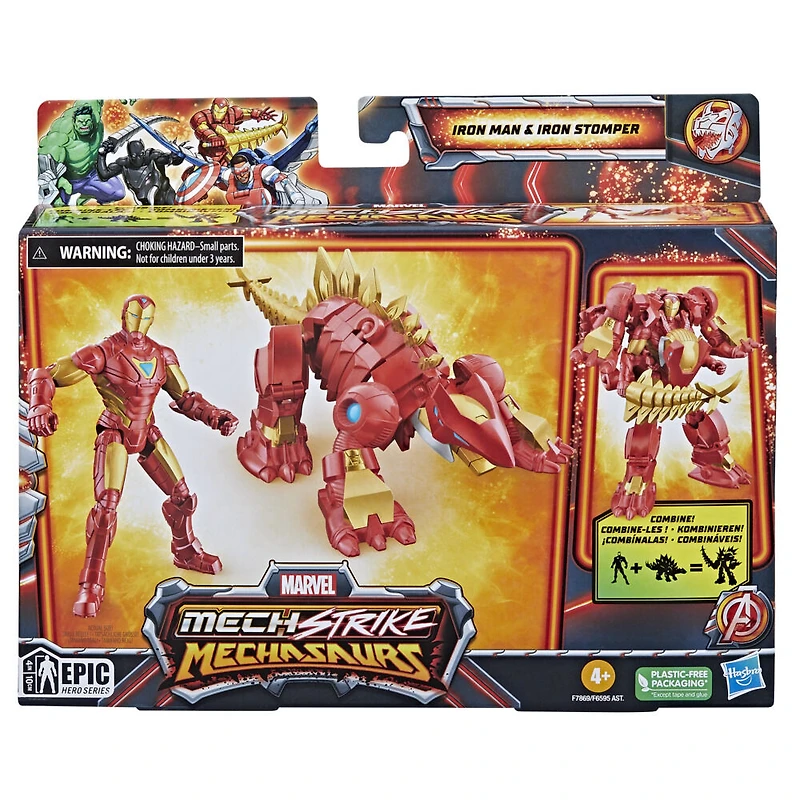 Marvel Mech Strike Mechasaurs, figurine Iron Man de 10 cm avec Iron Stomper Mechasaur