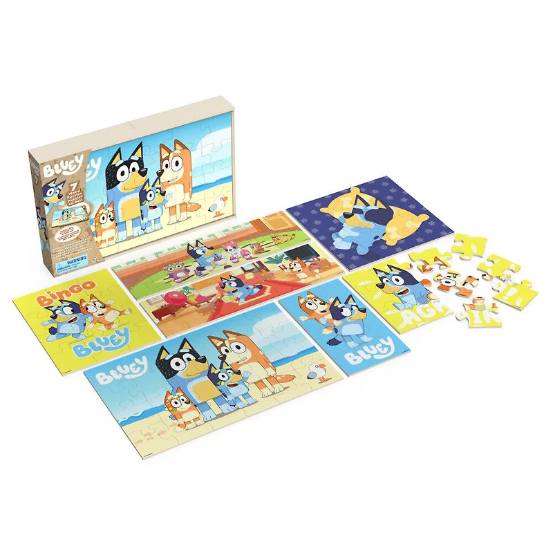 Bluey Jigsaw Puzzles for Kids, Set of 7 Wood Puzzles with Storage Box