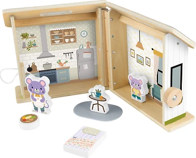 Fisher-Price Wooden On-the-Go Play House Dollhouse with 6 Play Pieces for Preschool Kids