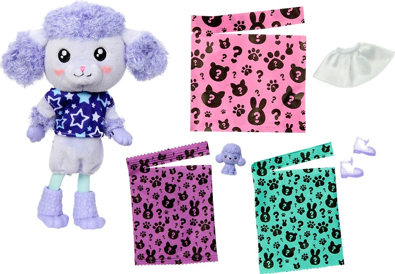Barbie Cutie Reveal Cozy Cute Tees Series Chelsea Doll and Accessories, Plush Poodle, Brunette Small Doll