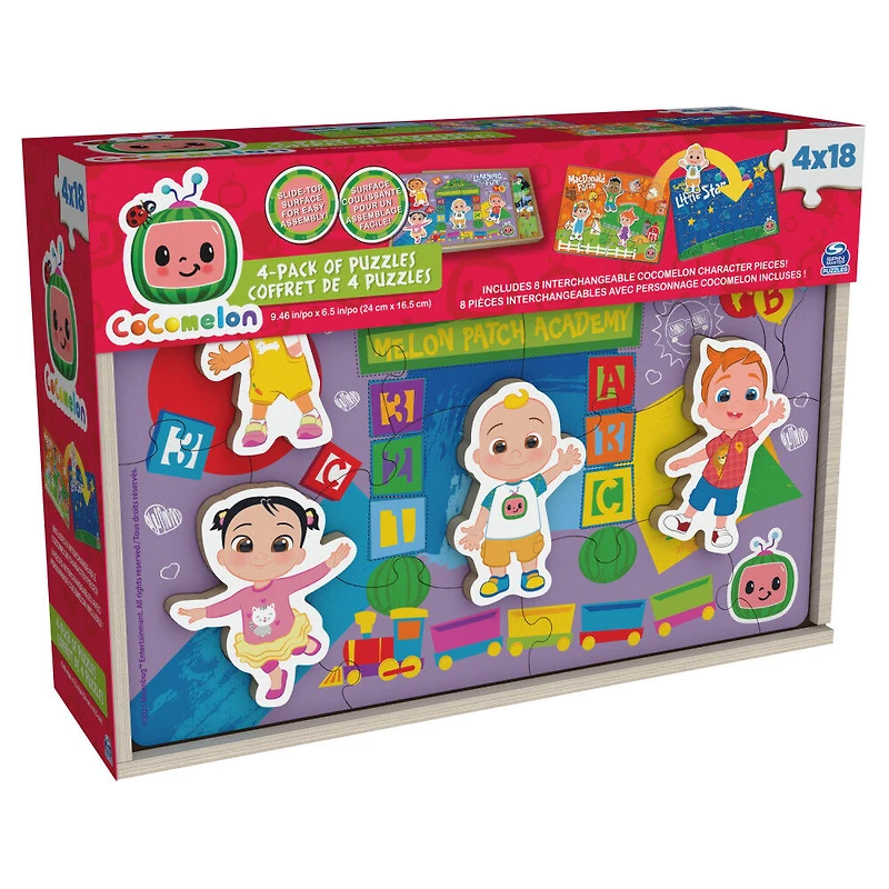 Cocomelon, 4-Pack Wooden Puzzles, 18-Pieces Each Jigsaw Toy Gift Set with Interchangeable Characters