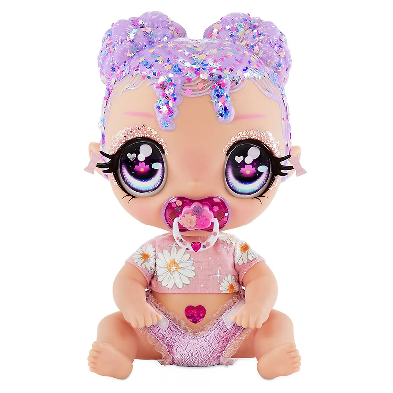 Poupon GLITTER BABYZ Lila Wildboom avec 3 changements de couleur magiques / poupée aux cheveux lavande avec des fleurs sur la tenue et couche réutilisable, biberon et sucette