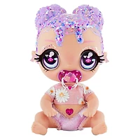 Poupon GLITTER BABYZ Lila Wildboom avec 3 changements de couleur magiques / poupée aux cheveux lavande avec des fleurs sur la tenue et couche réutilisable, biberon et sucette