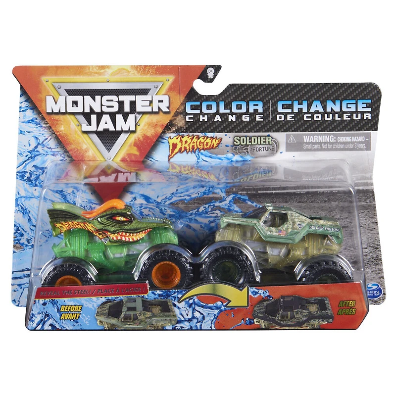 Monster Jam, Monster trucks Dragon vs. Soldier Fortune officiels qui changent de couleur en métal moulé, échelle 1:64