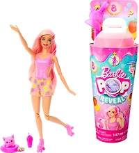Barbie Pop Reveal Poupée série Fruit, thème limonade à la fraise avec 8 surprises dont 1 animal de compagnie et des accessoires, slime, parfum et changement de couleur