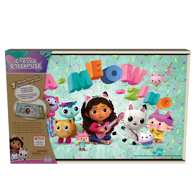 Gabby's Dollhouse, 7 Wood Puzzles Jigsaw Bundle 12-Piece 16-Piece 24-Piece Easy Cartoon Netflix Original Show with Tray
