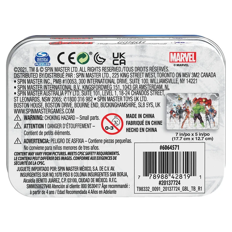 Marvel Avengers, Puzzle de 48 pièces Captain America, Iron Man, Thor, Hulk, Black Panther, Dr. Strange, Thanos, avec boîte en métal