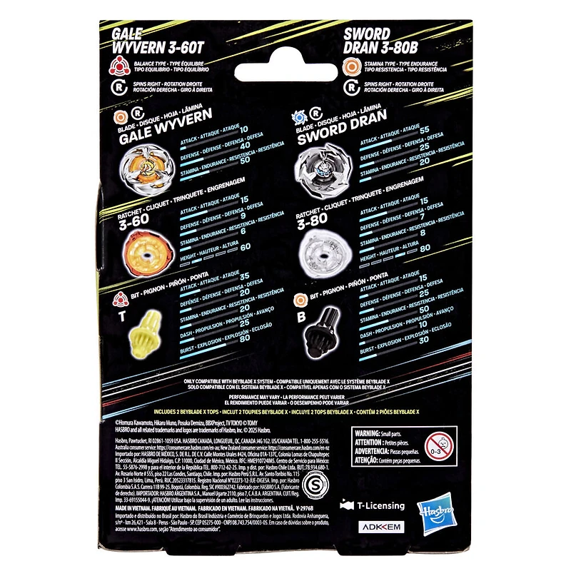 Beyblade X Gale Wyvern 3-60T & Sword Dran 3-80B Dual Pack Set with 2 Right-Spinning Tops; Authentic Takara Tomy Battle Tops
