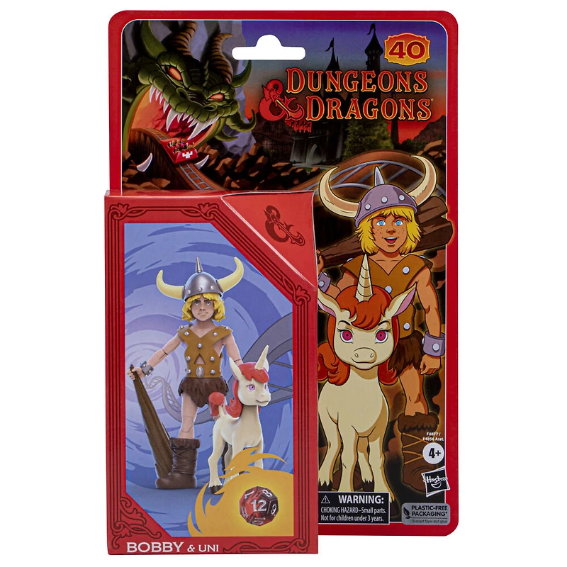 Dungeons et Dragons Cartoon Classics, pack de 2 figurines de 15 cm Bobby et Uni, dessin animé des années 80, inclut d12 DetD exclusif