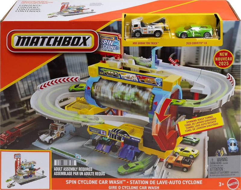 Matchbox Spin Cyclone Car Wash Playset with 1:64 Scale Die-Cast Toy Corvette & Tow Truck