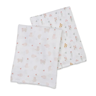 Lulujo - 2PK Langes en mousseline - Chaton + Fleur
