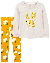 Carter's Two Piece Ivory "Love" Top and Floral Pant Set Yellow  2T