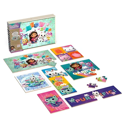 Gabby's Dollhouse, 7 Wood Puzzles Jigsaw Bundle 12-Piece 16-Piece 24-Piece Easy Cartoon Netflix Original Show with Tray