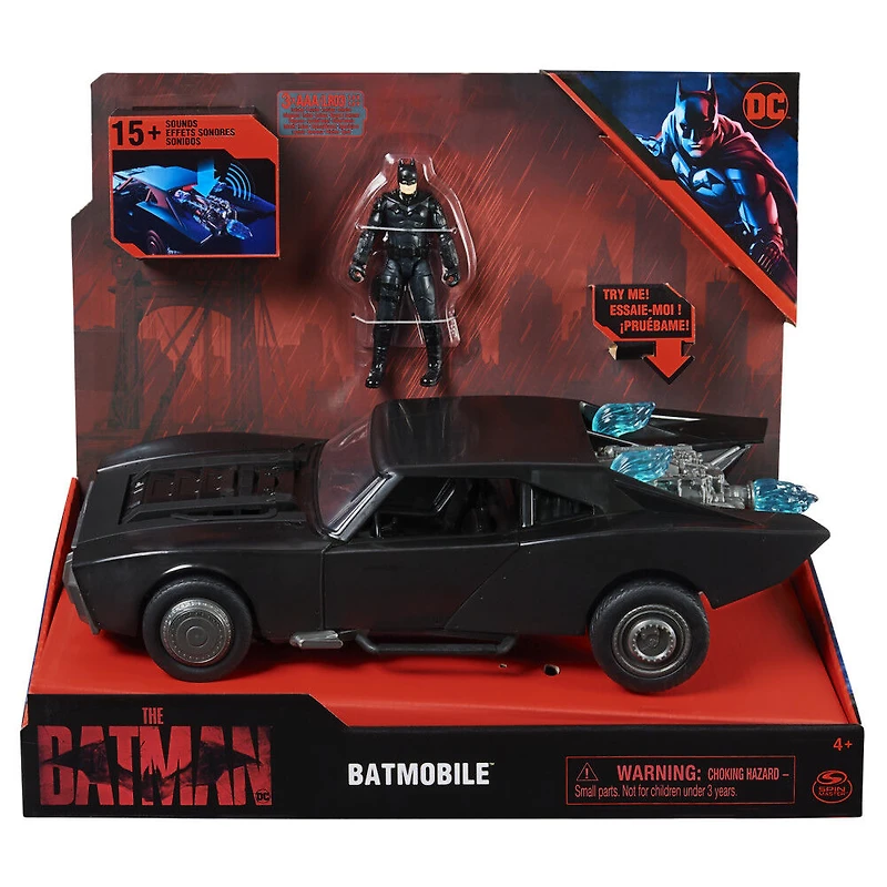 DC Comics, Batman Batmobile avec figurine Batman de 10 cm, effets sonores et lumineux, Pièce à collectionner du film Batman