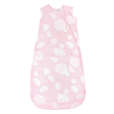 Perlimpinpin Bamboo muslin sleep bag - Pink leaves, 0-6 Months