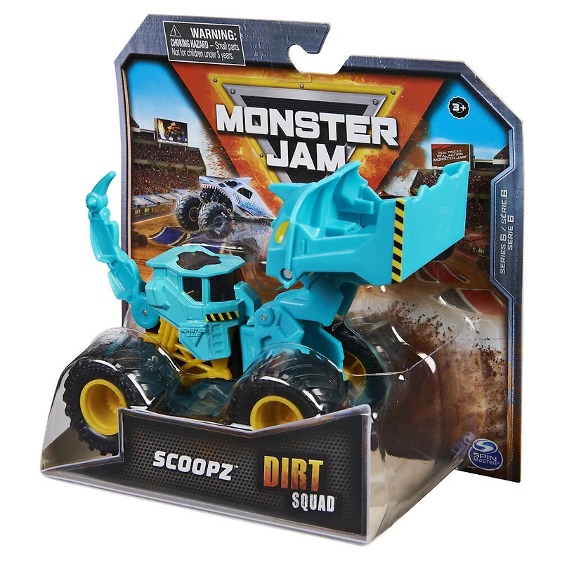 Monster Jam, Official Scoopz Dirt Squad Scooper Monster Truck avec pièces mobiles, véhicule en métal moulé à l'échelle 1:64