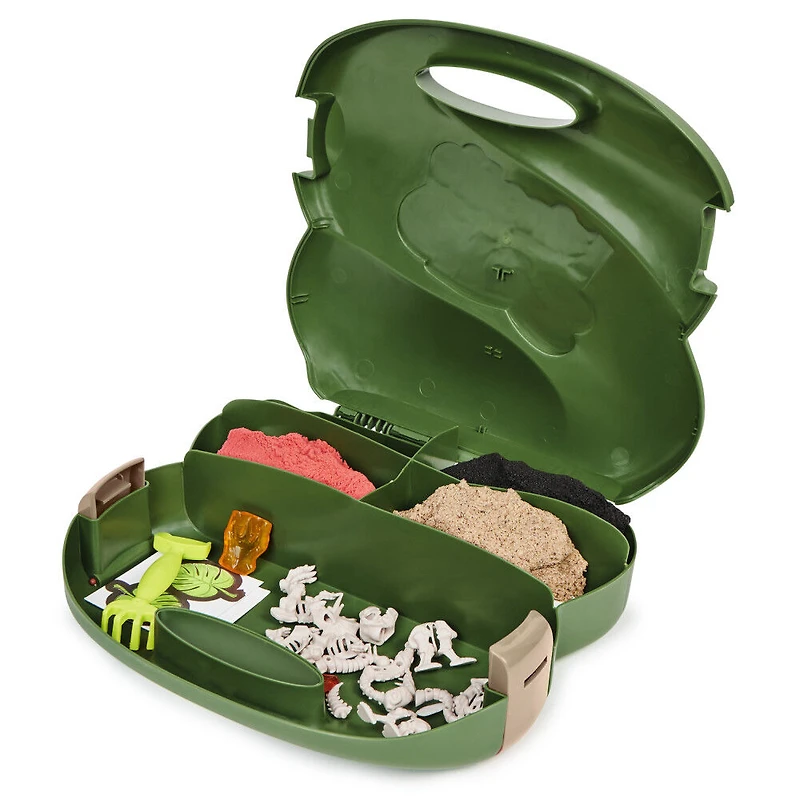 Kinetic Sand, Coffret Chercheur de dinosaures, 680 g de sable modelable (couleur plage marron, rouge et noir), boîte de rangement réutilisable, fossiles, 4 outils et moules, jouets sensoriels pour enfants à partir de 3 ans