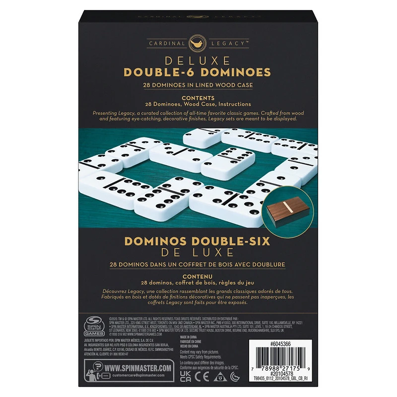 Dominos double 6 de luxe, Jeu classique de 28 dominos dans un coffret en bois avec doublure de haute qualité