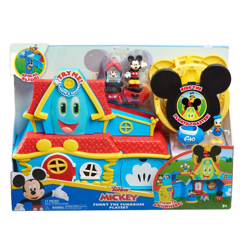 Ensemble de Jeu Sons et Lumières à 14 Eléments Disney Junior Mickey Mouse Funny the Funhouse, Inclut les Figurines de Mickey et Donald