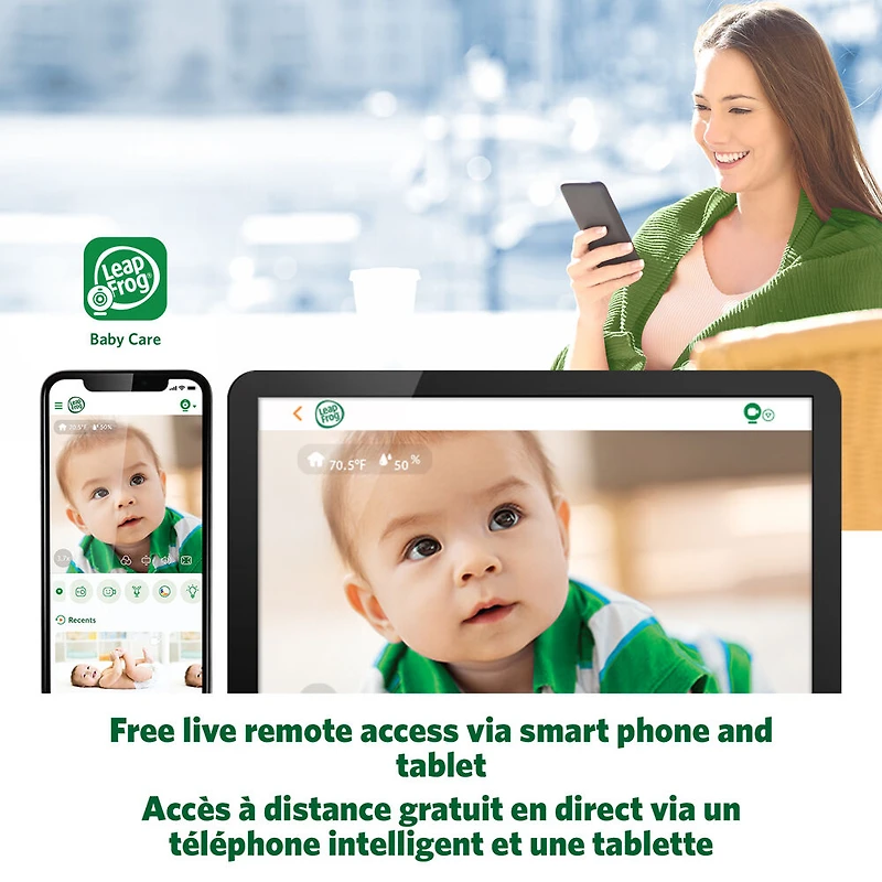 LeapFrog LF815-2HD Moniteur de bébé Wi-Fi 1080p à 2 caméras avec accès à distance, affichage 720p haute définition de 5 po, veilleuse, vision nocturne couleur (Blanc)