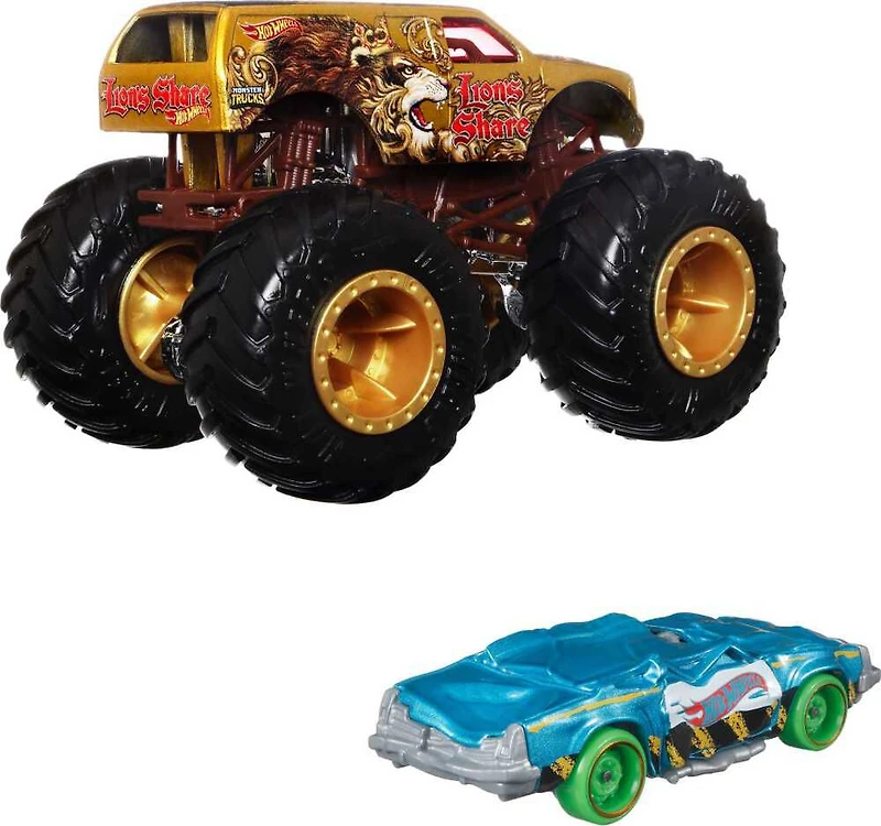 Hot Wheels Monster Trucks 1:64 Scale Vehicles 2 Pack; 1 Die-Cast Truck & 1 Car