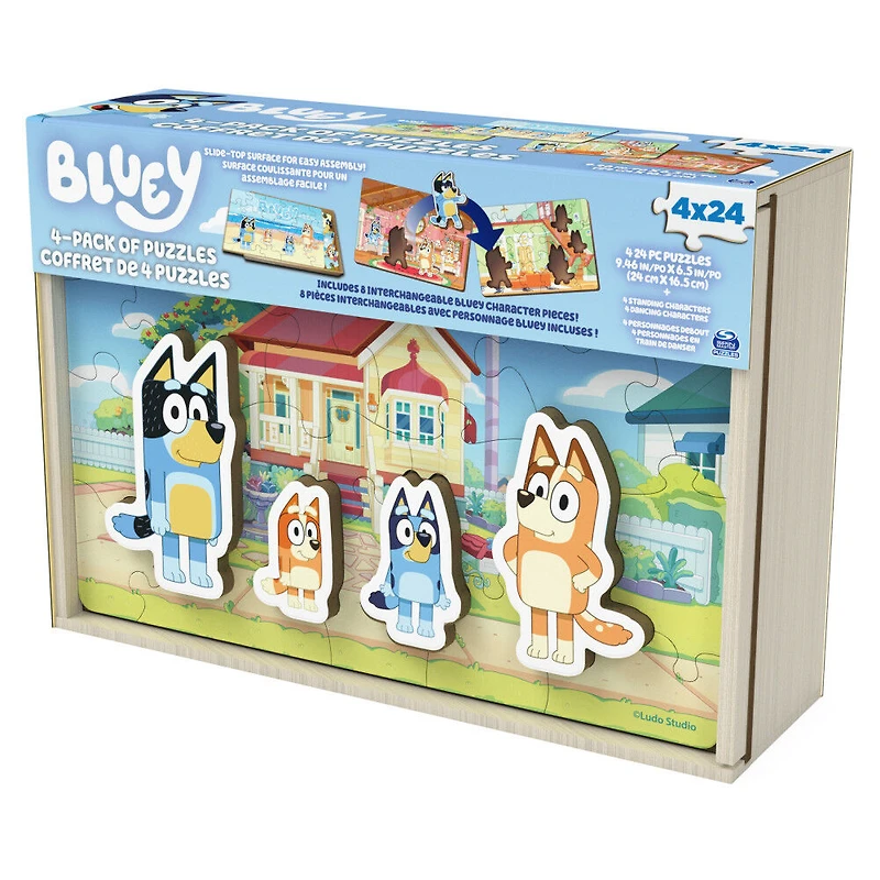 Bluey, Coffret de 4 puzzles en bois avec personnages Bingo, Maman et Papa, Coffret cadeau puzzles de 24 pièces