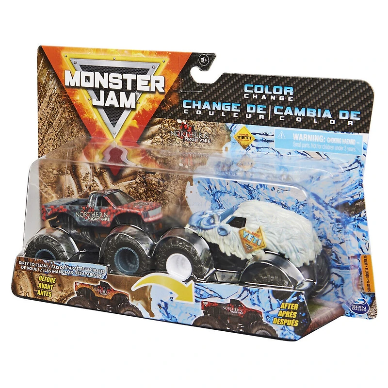 Monster Jam, Coffret de 2 monster trucks officiels en métal moulé Yeti vs. Sparkle Smash  qui changent de couleur, échelle 1:64