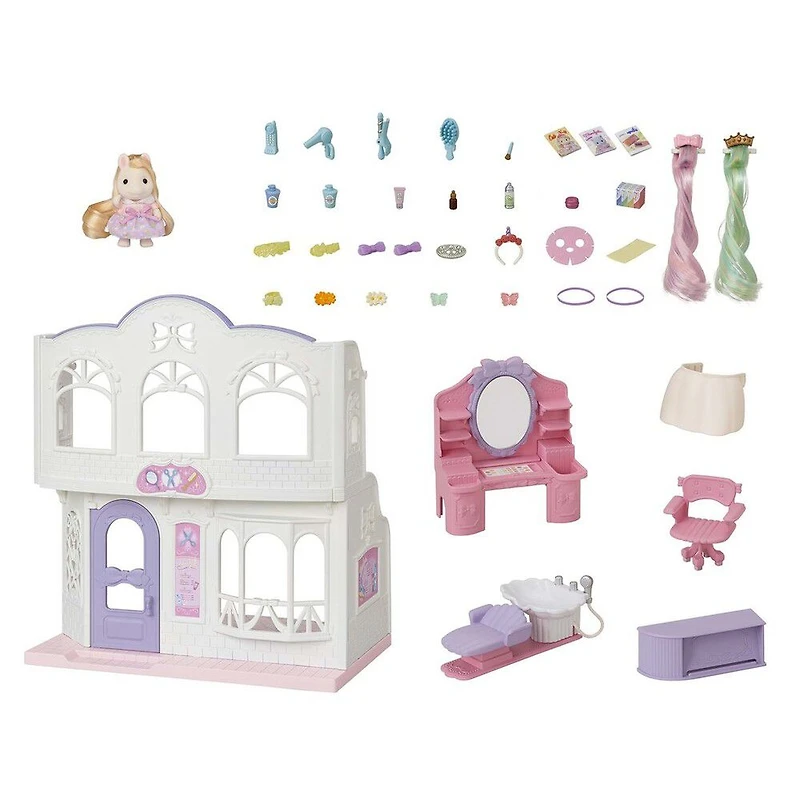 Salon de coiffure élégant de Calico Critters Pony, ensemble de jeu de maison de poupée avec figurine et accessoires