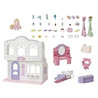 Salon de coiffure élégant de Calico Critters Pony, ensemble de jeu de maison de poupée avec figurine et accessoires