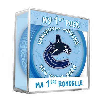 Logo du nouveau fan des Vancouver Canucks de la LNH sur une rondelle bleue dans un cube