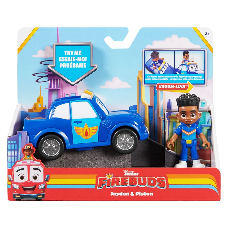 Disney Junior Firebuds, Jayden et Piston, figurine articulée et véhicule de police avec mouvement des yeux interactif