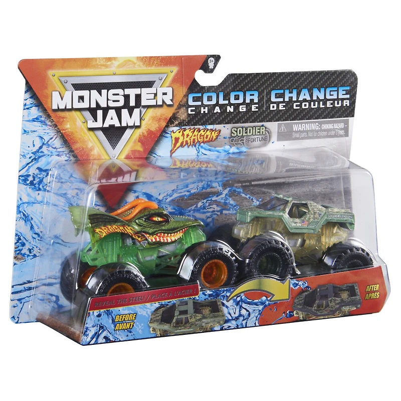 Monster Jam, Monster trucks Dragon vs. Soldier Fortune officiels qui changent de couleur en métal moulé, échelle 1:64