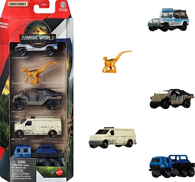 Matchbox Jurassic World 5-Pack, 4 1:64 Scale Die-Cast Toy Cars with 1 Dinosaur (Styles May Vary)
